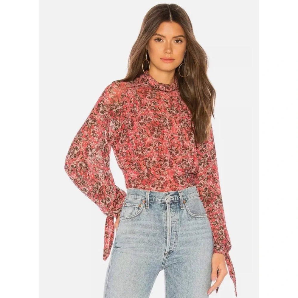 Free People All Dolled Up Mesh Orange Florals Long Sleeve Top Size S